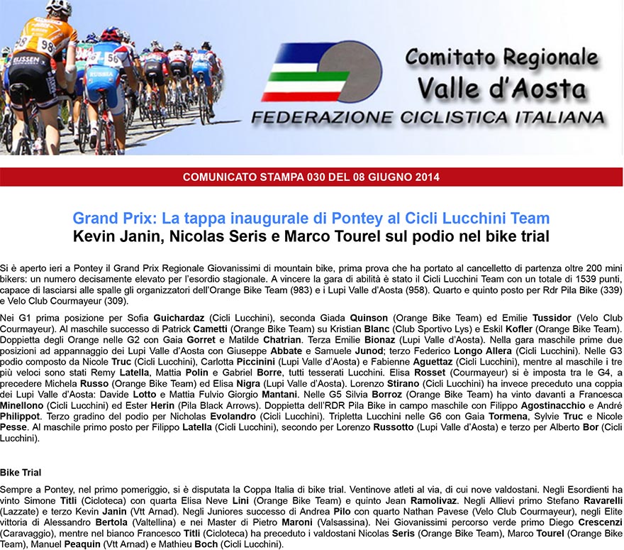 FCI Valle dAosta  Grand Prix La tappa inaugurale di Pontey al Cicli Lucchini Team